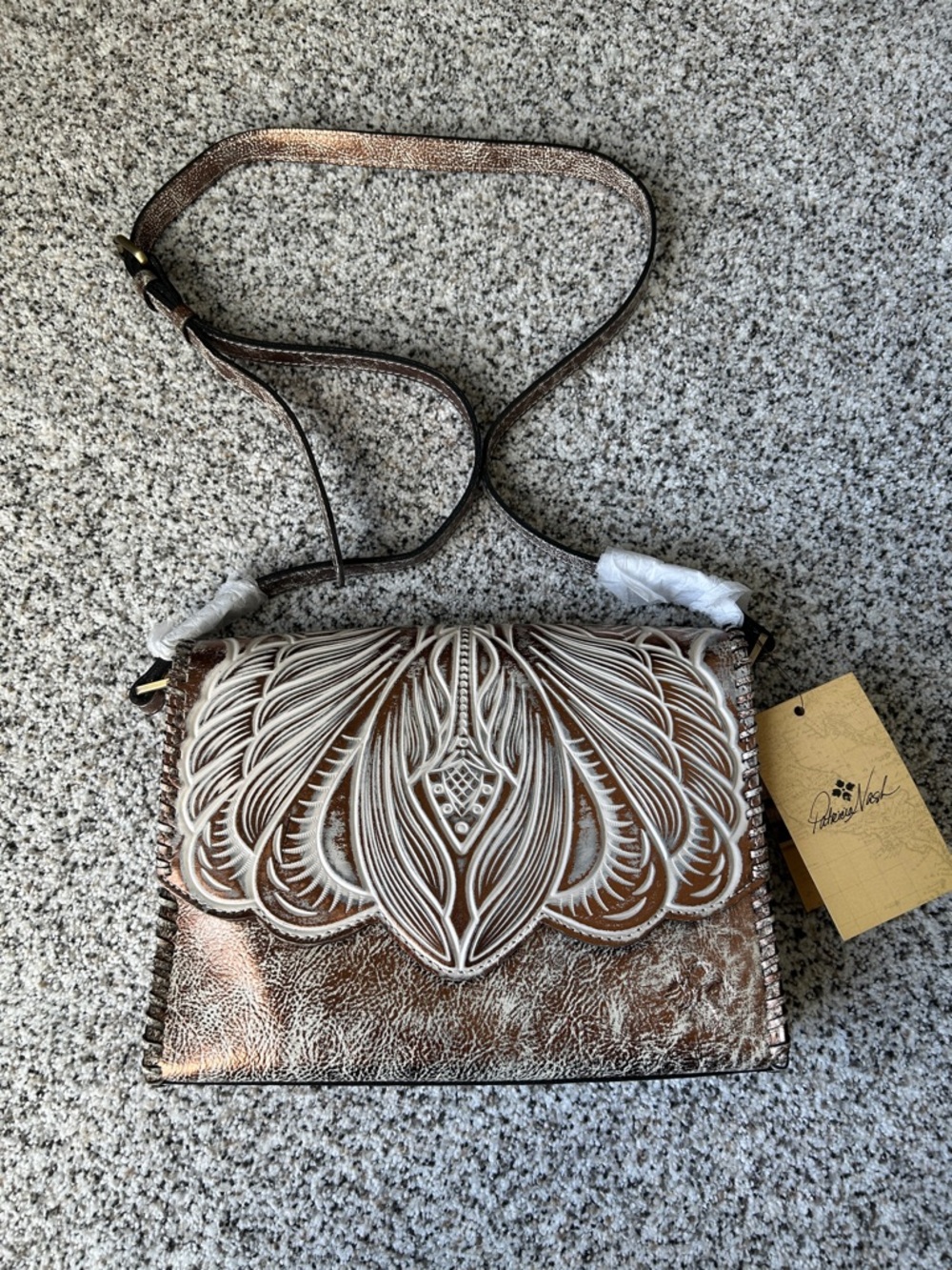 Patricia Nash Copper and White Leather Embossed Crossbody